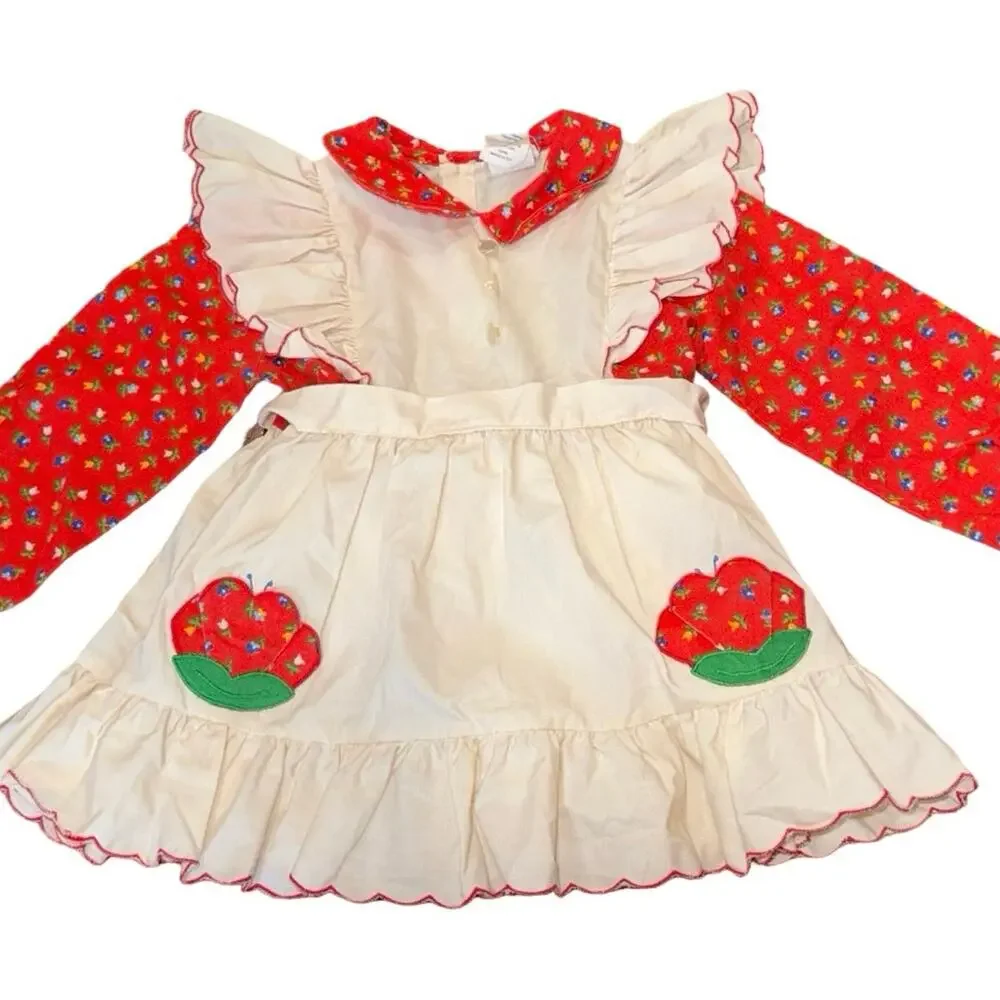 90s Vintage Nannette Prairie Dress 3T Red Floral White Apron Ruffle Cottagecore
